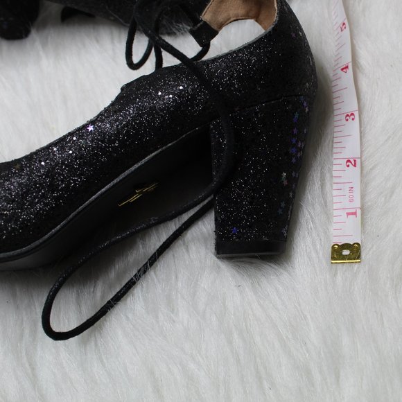 Lulu Hun Black Lace Up Sparkle Iridescent Star Block Heel Size 5 - Picture 6 of 15